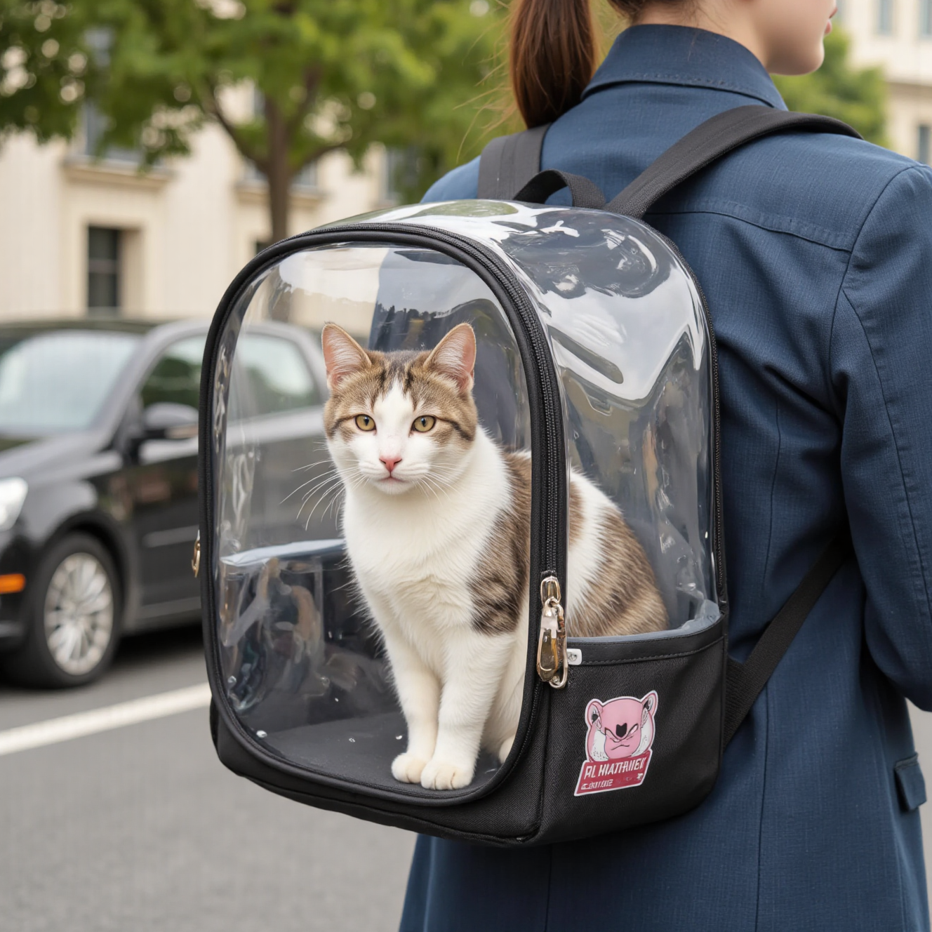 猫咪坐在透明太空舱背包里，主人背包外出宠物出行方案