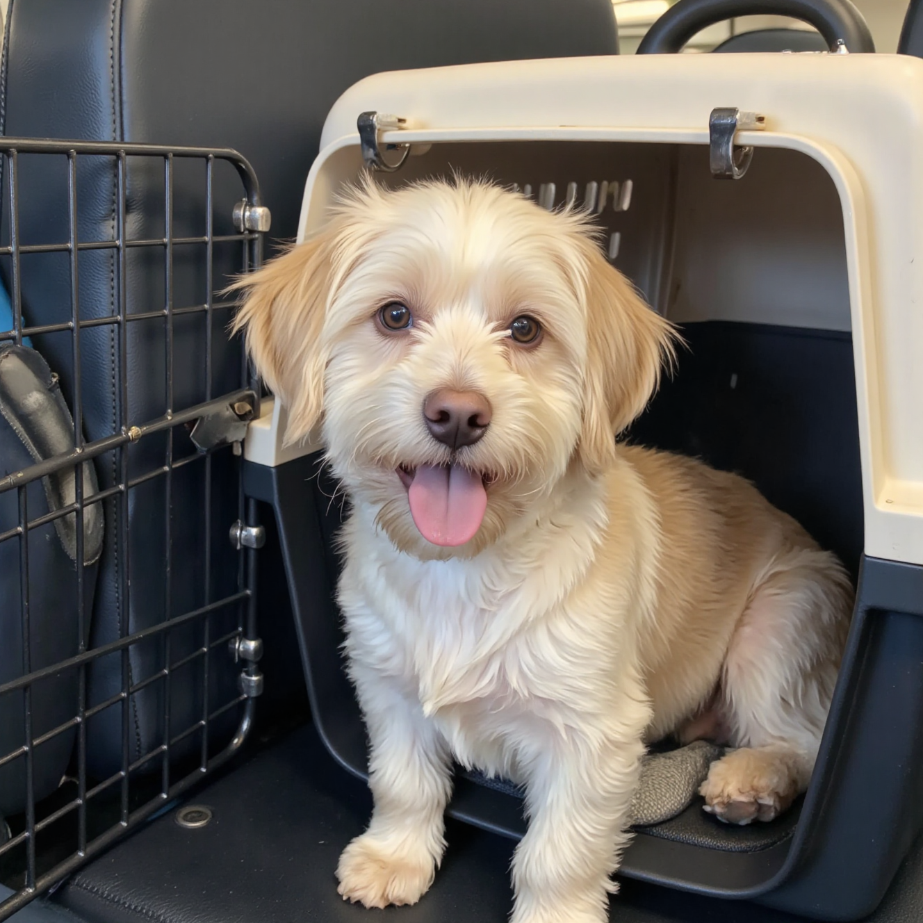 小型犬在航空旅行箱内安静休息，宠物旅行安全注意事项