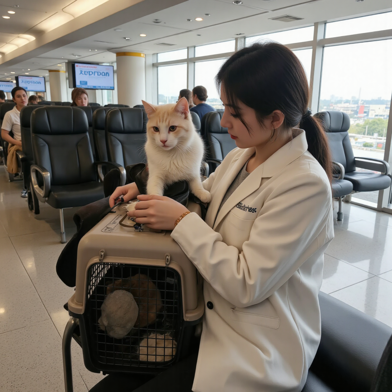 主人带着猫咪在机场准备航空旅行