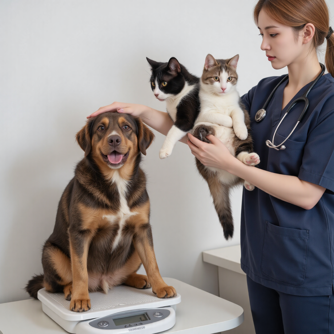 肥胖超重犬猫在兽医诊所体重评估，体况评分检查