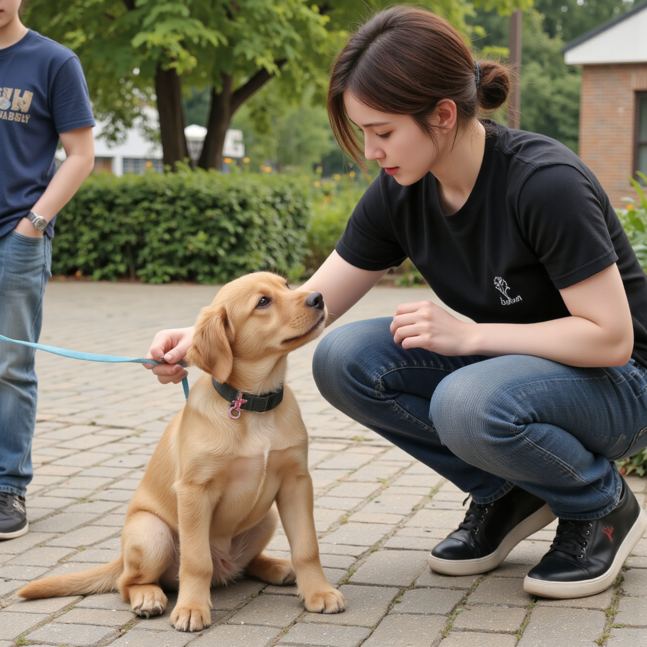 主人带幼犬接触陌生环境和人群,户外社会化训练积极引导