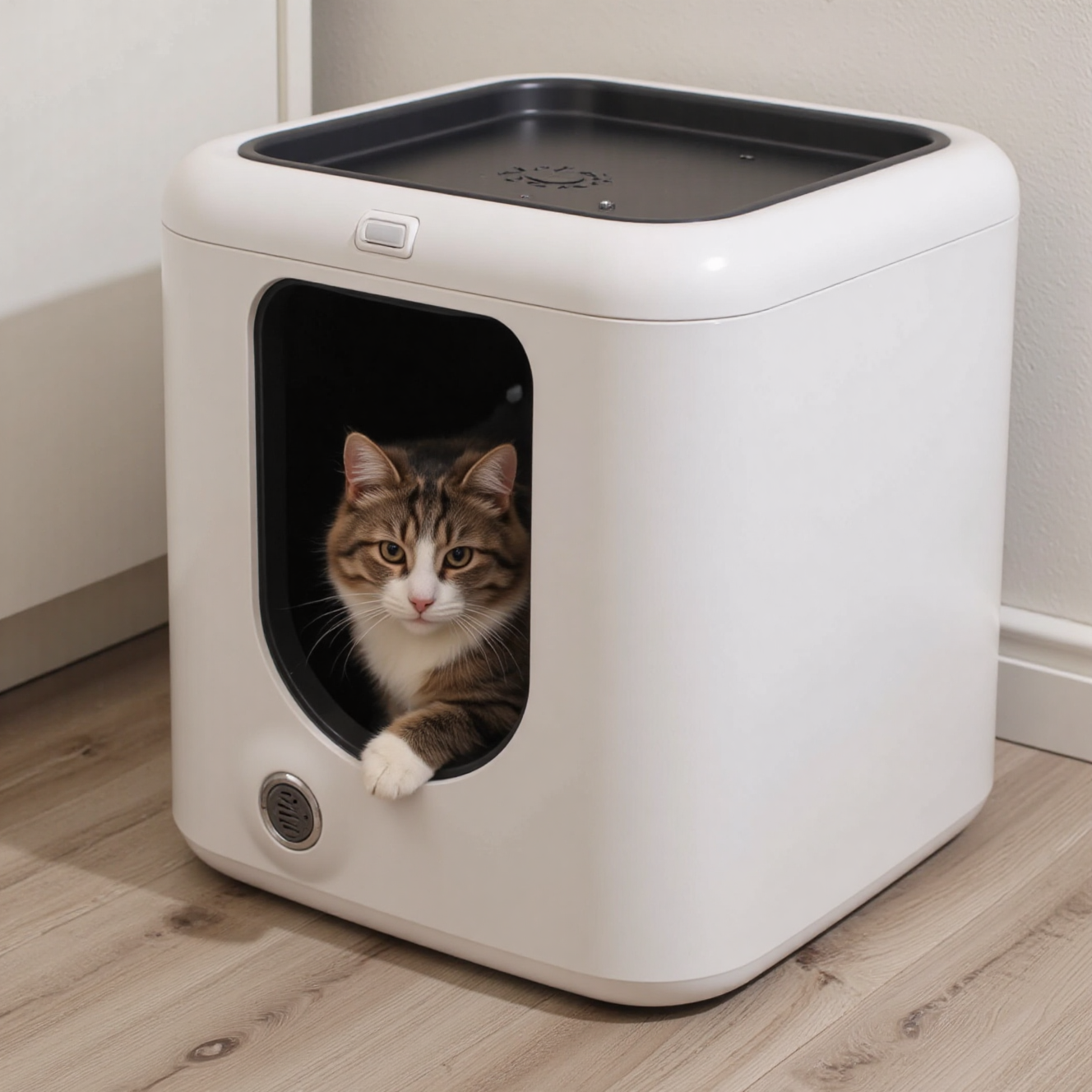 现代自动清洁猫厕所旋转电动款，智能宠物用品展示